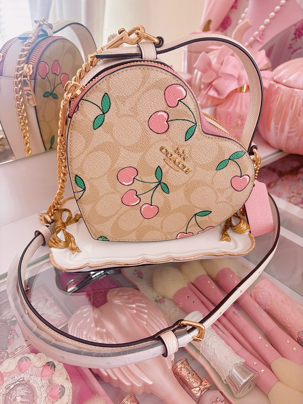 Coach Beige Signature Heart Crossbody with Pink Cherry Print - Picture 2 of 5